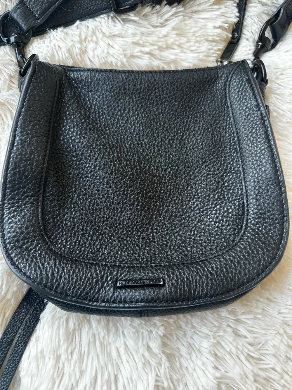 Rebecca Minkoff Black Pebbled Leather Saddle Crossbody Bag Suede Flap Gunmetal